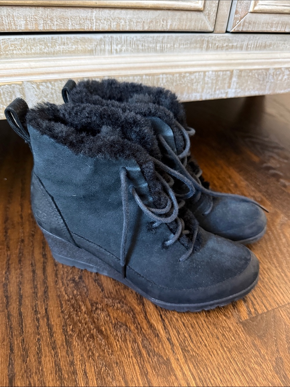 UGG Black Suede Lace-Up Wedge Ankle Boots with Shearling Lining